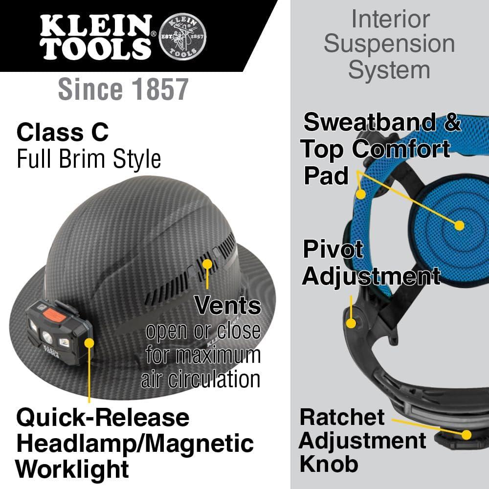 imageKlein Tools 60347 Hard Hat Vented Full Brim Class C Premium KARBN Pattern Rechargeable Lamp Padded SweatWicking Sweatband Top Pad