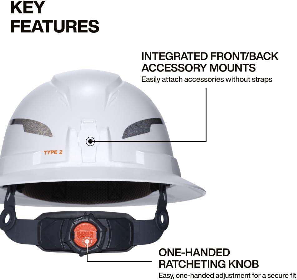 imageKlein Tools 60400T2 Type 2 Hard Hat NonVented Full Brim Class E 6Point Suspension with Accessory Mounts and Washable Padding