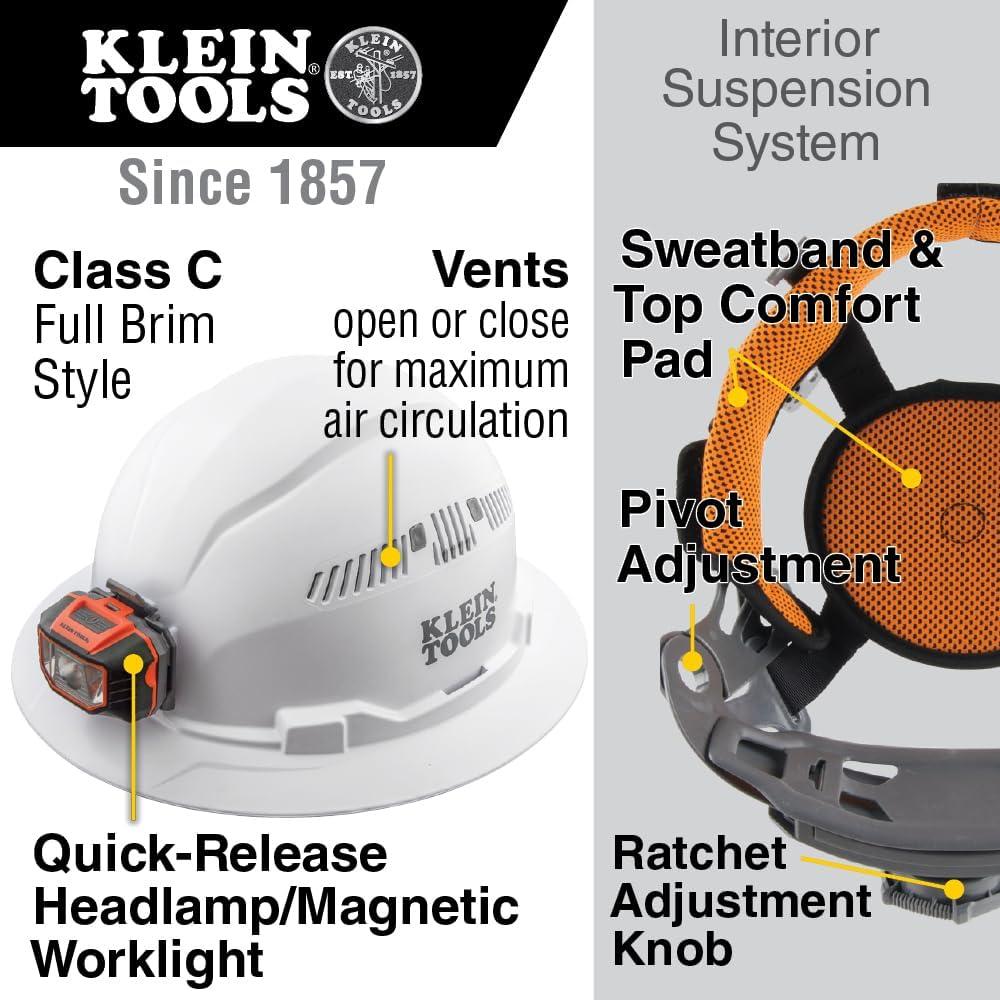 imageKlein Tools 60407 Hard Hat Light Vented Full Brim Style Padded SelfWicking OdorResistant Sweatband WhiteHard Hat wAlkaline Light
