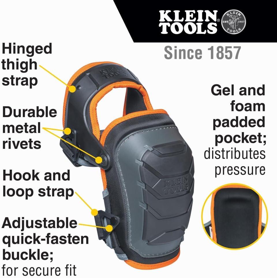 imageKlein Tools 60491 Hinged Knee Pads Heavy Duty Gel Foam Protective Knee Pads with QuickFasten Buckle and Thigh Strap Black