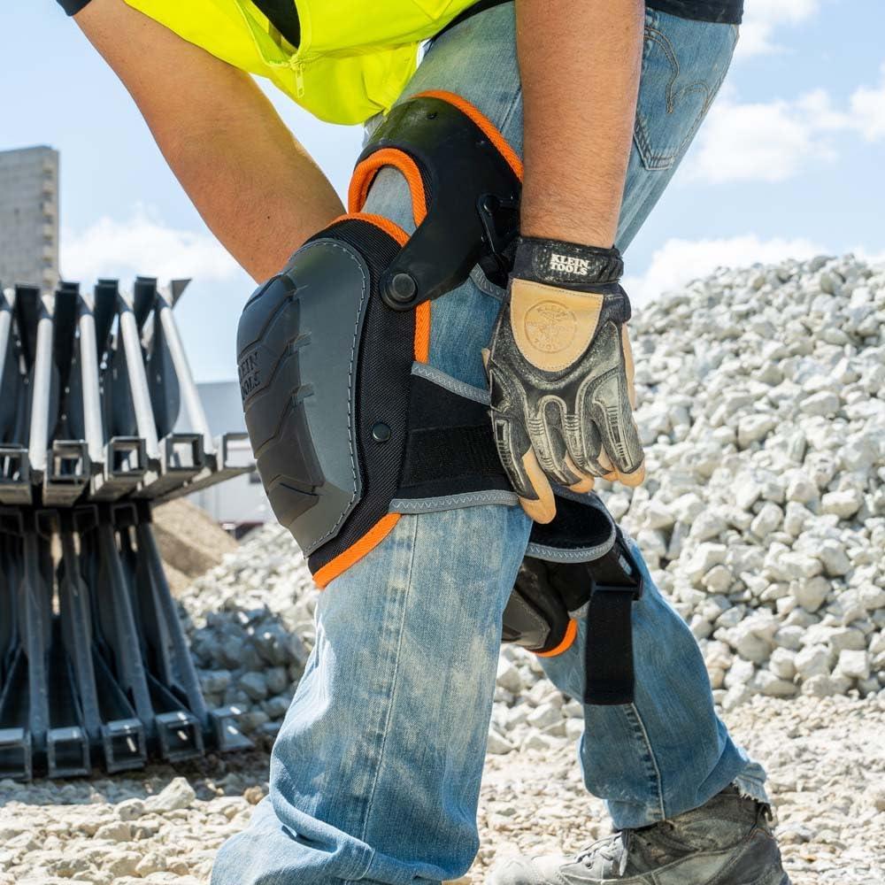 imageKlein Tools 60491 Hinged Knee Pads Heavy Duty Gel Foam Protective Knee Pads with QuickFasten Buckle and Thigh Strap Black
