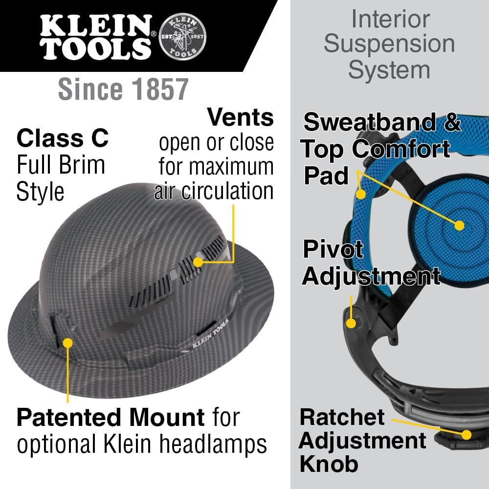 imageKlein Tools 60626 Hard Hat Vented Full Brim Premium KARBN Design Type 1 Class C Hard Hat 4Point Ratchet Suspension