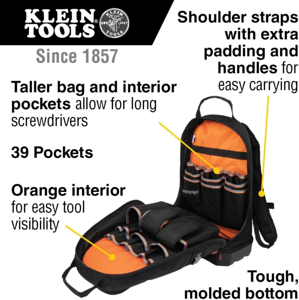 imageKlein Tools 62800BP Backpack Tool Bag Tradesman Pro ExtraLarge 40Pocket Electrician Jobsite Backpack with Molded Bottom Charging PortLow Profile