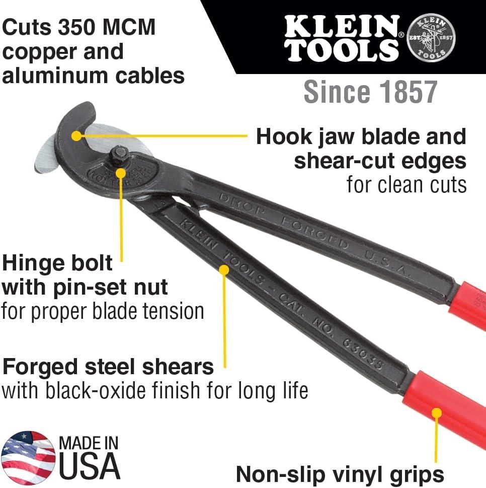 imageKlein Tools 63035 Utility Cable Cutter Made in USA for MCM Copper and 350 MCM Aluminum Cable with ShearType Hook Jaws 16Inch Handles