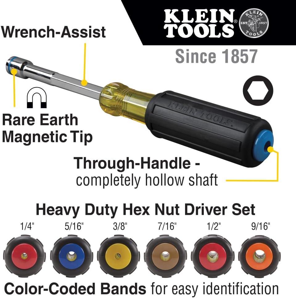 imageKlein Tools 6356 Tool Set Heavy Duty Magnetic Nut Drivers SAE Sizes 14 516 38 716 12 and 916Inch Hex 6Inch 6Piece6Piece
