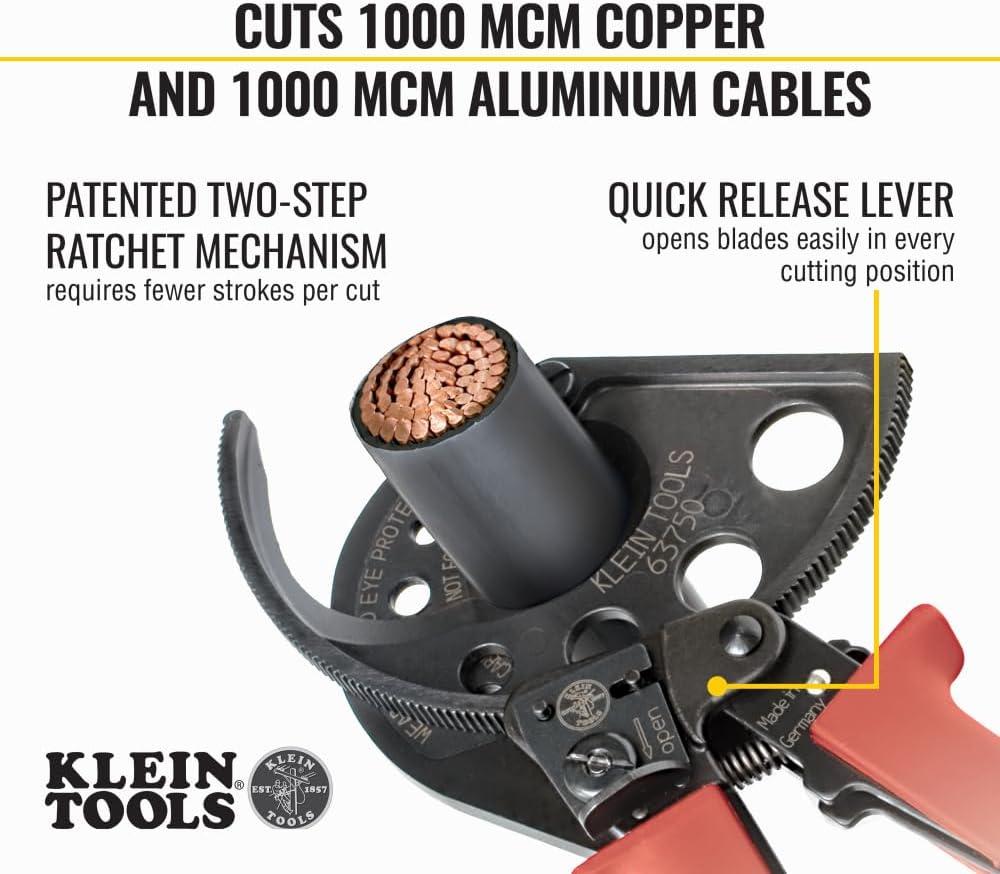 imageKlein Tools 63711 Wire Cable Cutter with Open Front Loading Jaws Cuts 600 MCM Copper 750 MCM Aluminum1000 MCM CopperAluminum