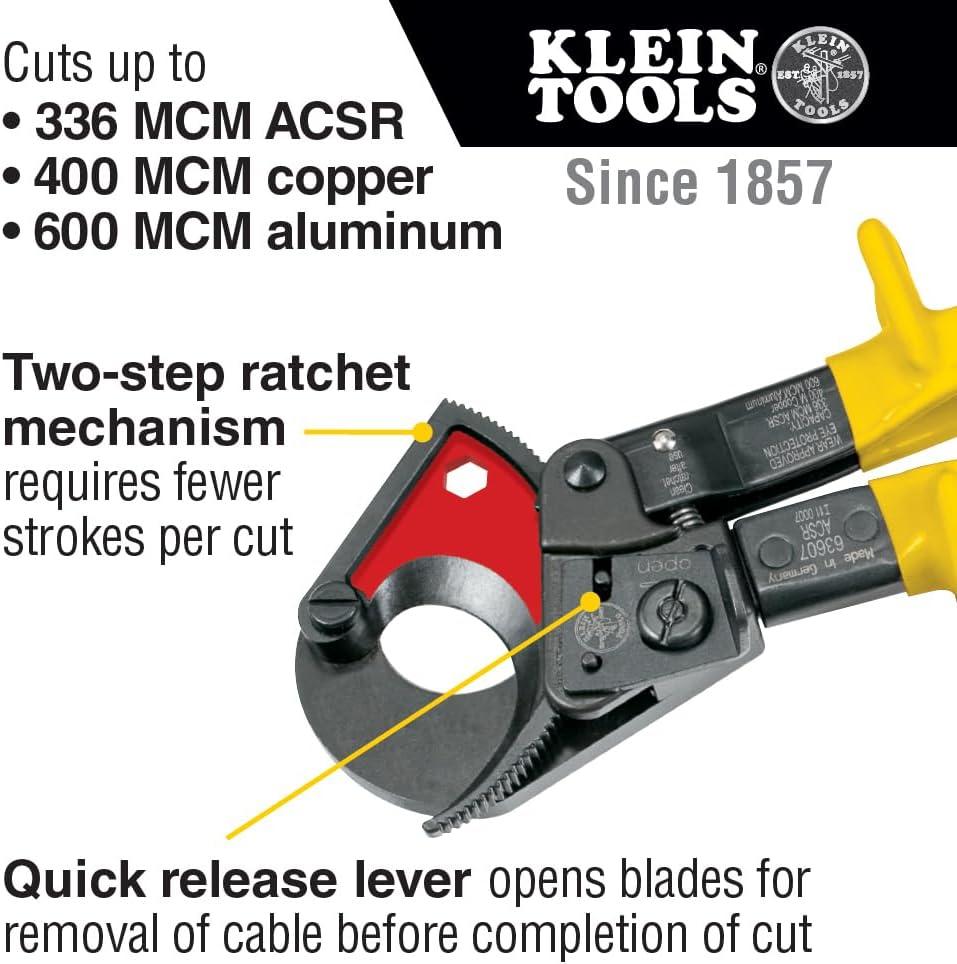 imageKlein Tools 63711 Wire Cable Cutter with Open Front Loading Jaws Cuts 600 MCM Copper 750 MCM Aluminum400 MCM Copper600 MCM Aluminum336 MCM ACSR