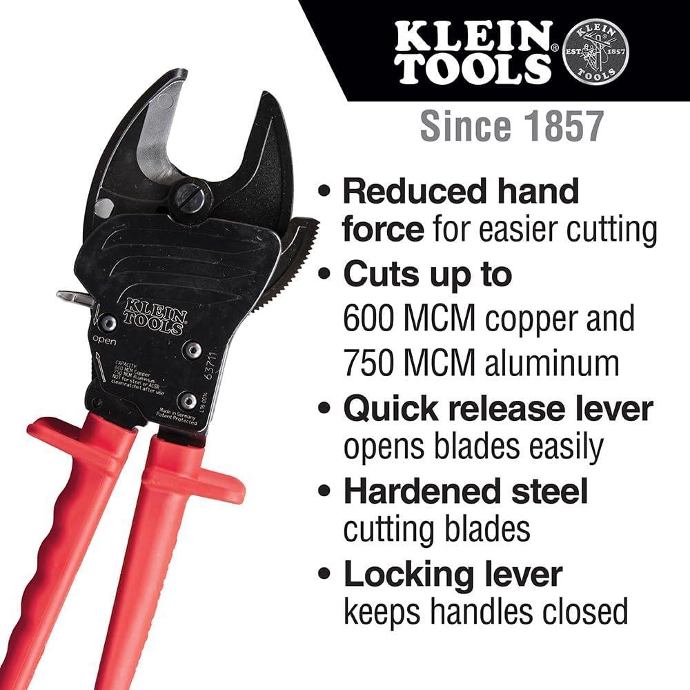 imageKlein Tools 63711 Wire Cable Cutter with Open Front Loading Jaws Cuts 600 MCM Copper 750 MCM AluminumOpen Jaw  600 MCM Copper750MCM Aluminum