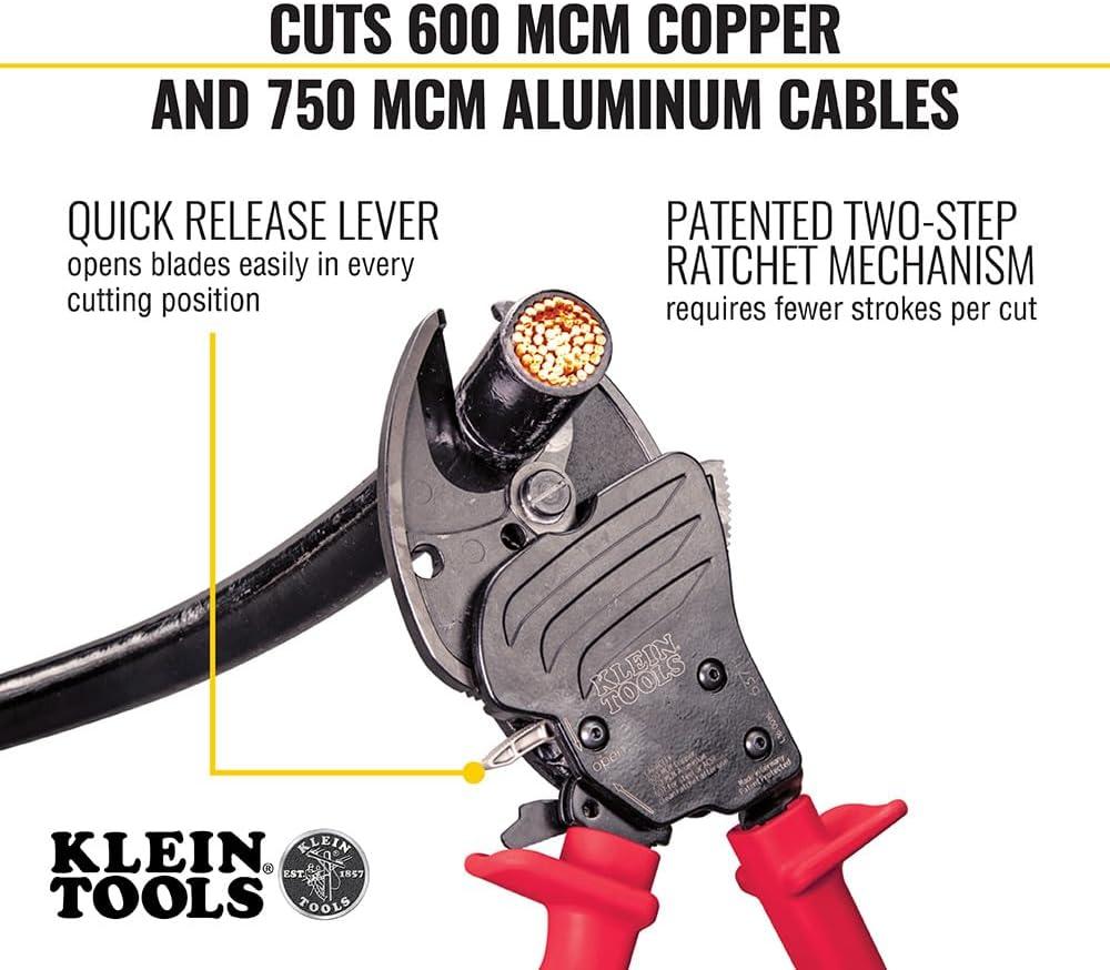 imageKlein Tools 63711 Wire Cable Cutter with Open Front Loading Jaws Cuts 600 MCM Copper 750 MCM AluminumOpen Jaw  600 MCM Copper750MCM Aluminum