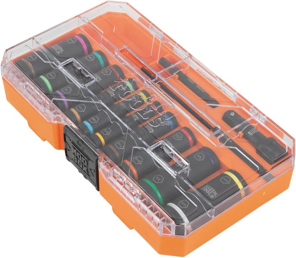 imageKlein Tools 65239 KNECT Flip20 Deep Impact Socket Set 20 SAE and Metric Socket Sizes with MODbox Case Heavy Duty Flip Sockets with 14 and 38Inch AdaptersSAE  Metric Set