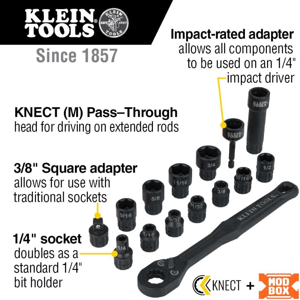 imageKlein Tools 65400 KNECT 15Piece Pass Through Socket Set SAE Impact Socket Set with MODbox Case Sockets Bits Accessories and 38Inch Drive Adapter