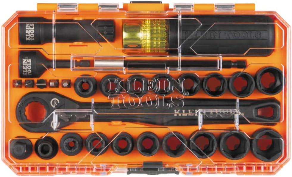 imageKlein Tools 65400KNECT KNECT Essential Pass Through Impact Socket Set SAE and Metric 90Tooth Ratchet MODbox Case 38Inch Drive 28Piece