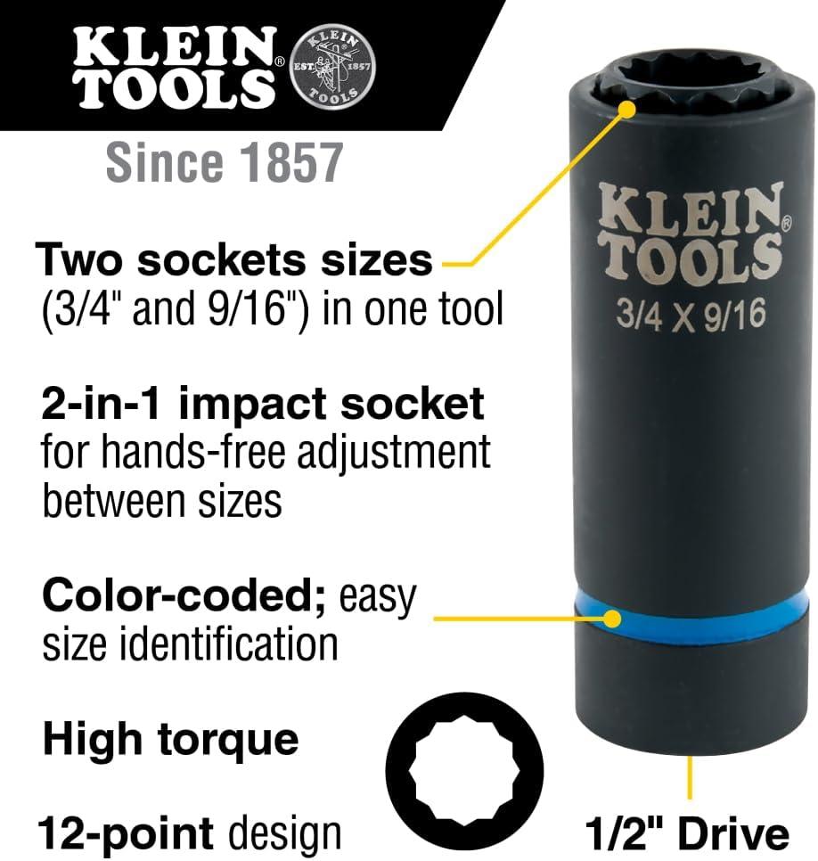 imageKlein Tools 66001 2in1 Impact Socket Sizes 34Inch and 916Inch Hex 12Point Deep Socket Wrench with 12Inch Drive12Point