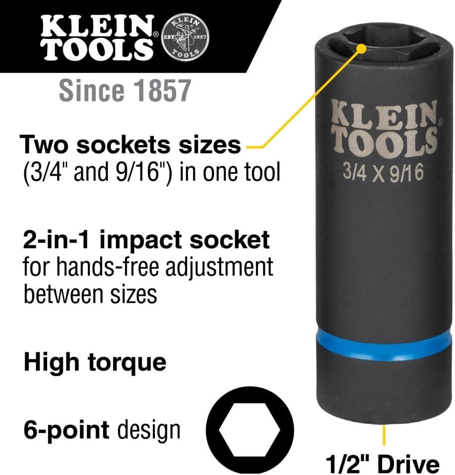 imageKlein Tools 66001 2in1 Impact Socket Sizes 34Inch and 916Inch Hex 12Point Deep Socket Wrench with 12Inch Drive6Point