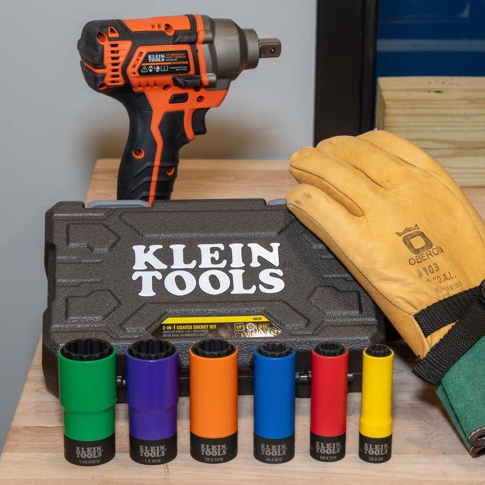 imageKlein Tools 66010 2in1 SAE Impact Socket Set 6Piece Tool Set with 12Point Deep Sockets with 12Inch Drive Includes Tool CaseColor Coded