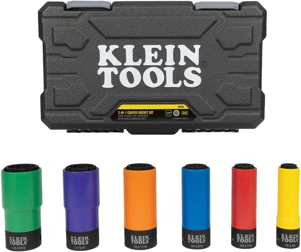 imageKlein Tools 66010 2in1 SAE Impact Socket Set 6Piece Tool Set with 12Point Deep Sockets with 12Inch Drive Includes Tool CaseColor Coded