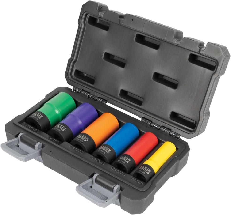 imageKlein Tools 66010 2in1 SAE Impact Socket Set 6Piece Tool Set with 12Point Deep Sockets with 12Inch Drive Includes Tool CaseColor Coded