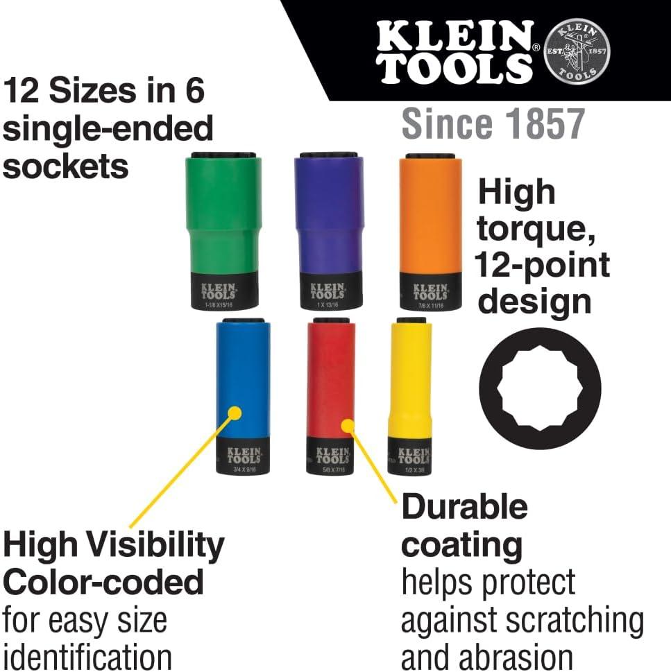 imageKlein Tools 66010 2in1 SAE Impact Socket Set 6Piece Tool Set with 12Point Deep Sockets with 12Inch Drive Includes Tool CaseColor Coded