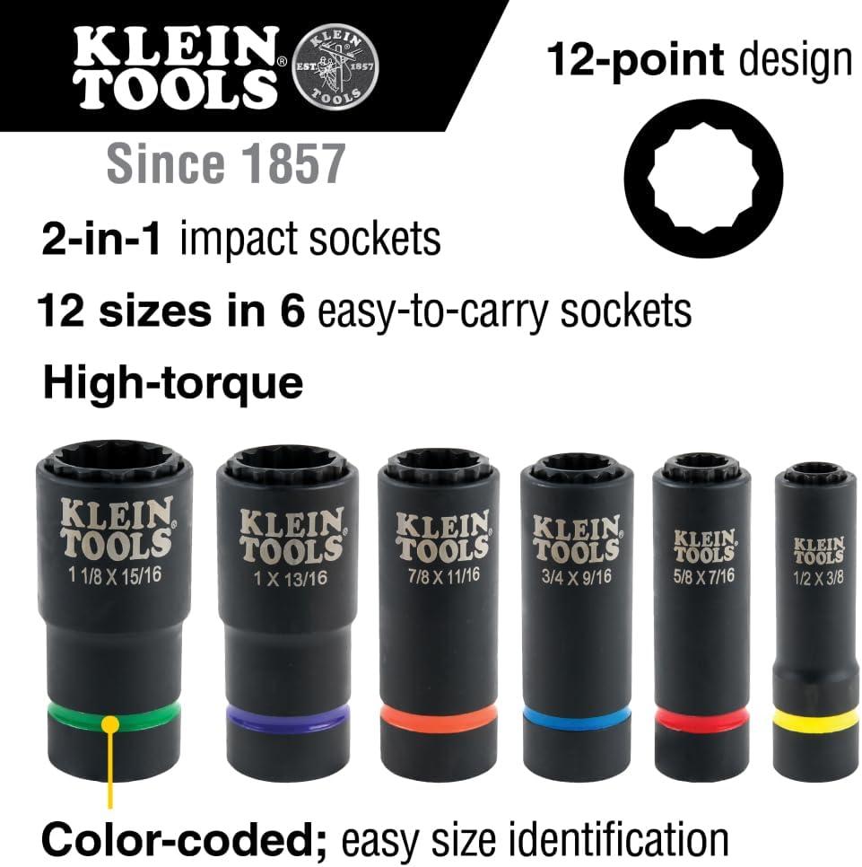 imageKlein Tools 66010 2in1 SAE Impact Socket Set 6Piece Tool Set with 12Point Deep Sockets with 12Inch Drive Includes Tool CaseStandard