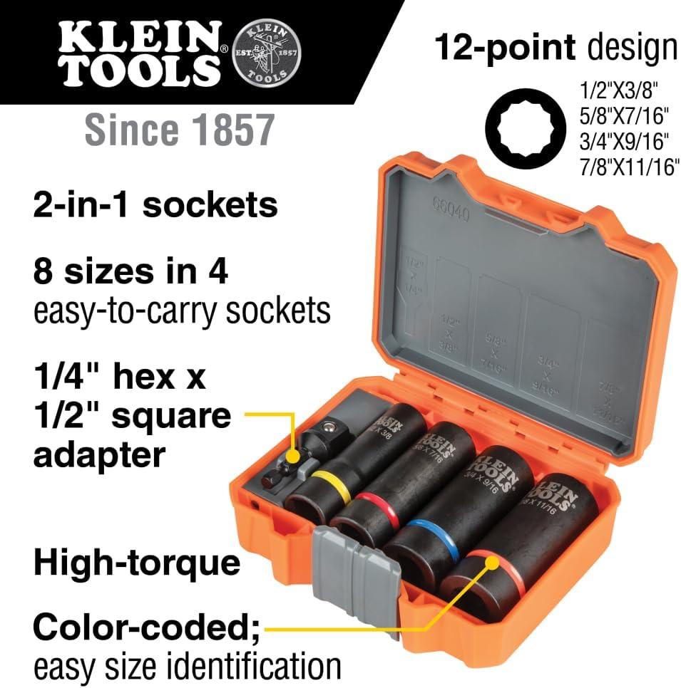 imageKlein Tools 66040 2in1 Impact Socket Set 5Piece Tool Set with 12Point Deep Sockets with 12Inch Drive Includes Tool Case5Piece Set