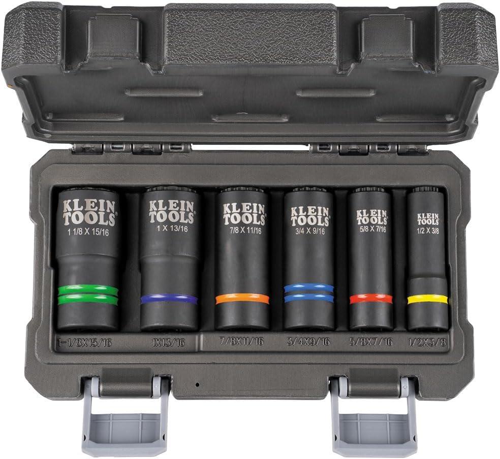 imageKlein Tools 66090 12Inch Impact Socket Set 2in1 Slotted Design 12Point Deep Sockets for Impact Wrenches Includes Tool Case 6Piece
