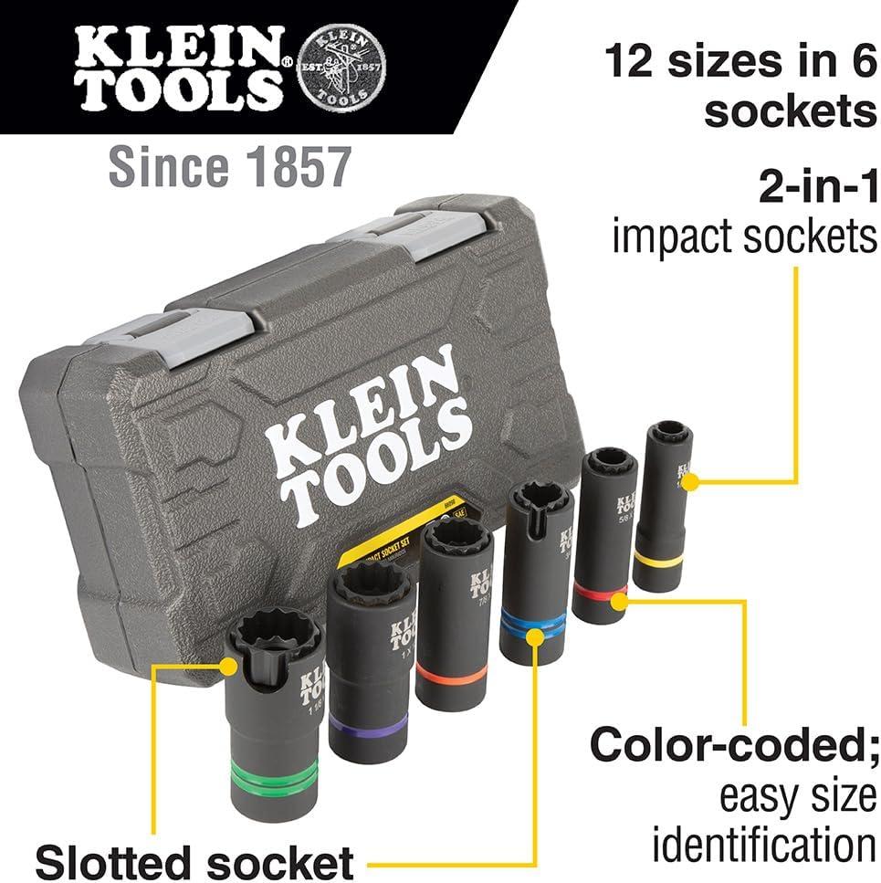imageKlein Tools 66090 12Inch Impact Socket Set 2in1 Slotted Design 12Point Deep Sockets for Impact Wrenches Includes Tool Case 6Piece