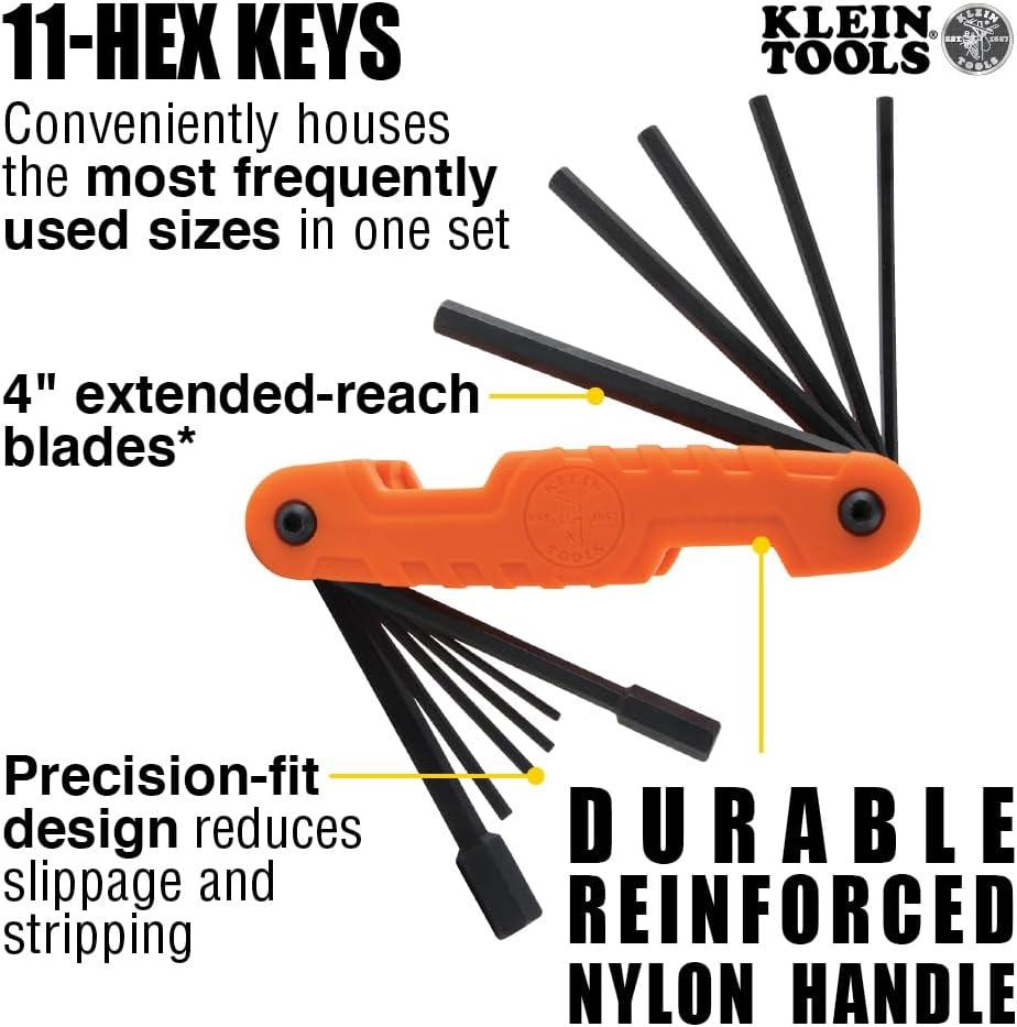 imageKlein Tools 70550 Hex Wrench Key Set 11 SAE Sizes Heavy Duty Folding Allen Wrench Tool with Extra Long Hex KeysSAE  Metric Kit