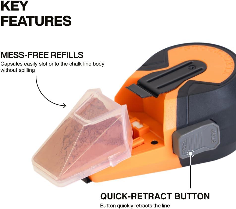 imageKlein Tools 80193 Chalk Line Tool and Red Capsules Kit 50Foot AutoRetracting Reel MessFree Refill Includes Nine 12Oz Red Chalk Capsules