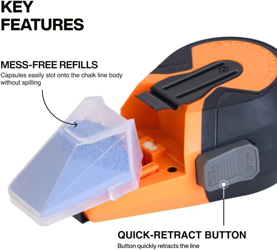 imageKlein Tools 80194 Chalk Line Tool and Blue Capsules Kit 50Foot AutoRetracting Reel MessFree Refill Includes Nine 12Oz Blue Chalk Capsules