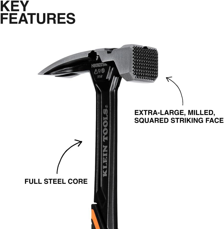 imageKlein Tools 83226 Linemans 26Ounce Claw Milled Hammer Fiberglass Handle Heavy Duty for Utility Poles Milled Face High Visibility Orange22 oz