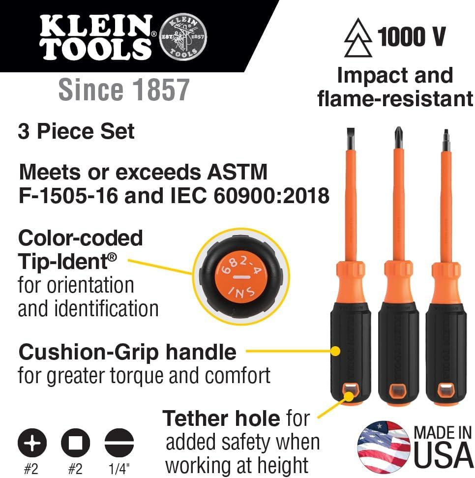 imageKlein Tools 85076INS Insulated Screwdriver Set Made in USA features 1000V Electricial Screwdrivers 3 Phillips and 2 Slotted and Square Tips 6Piece3Piece Set