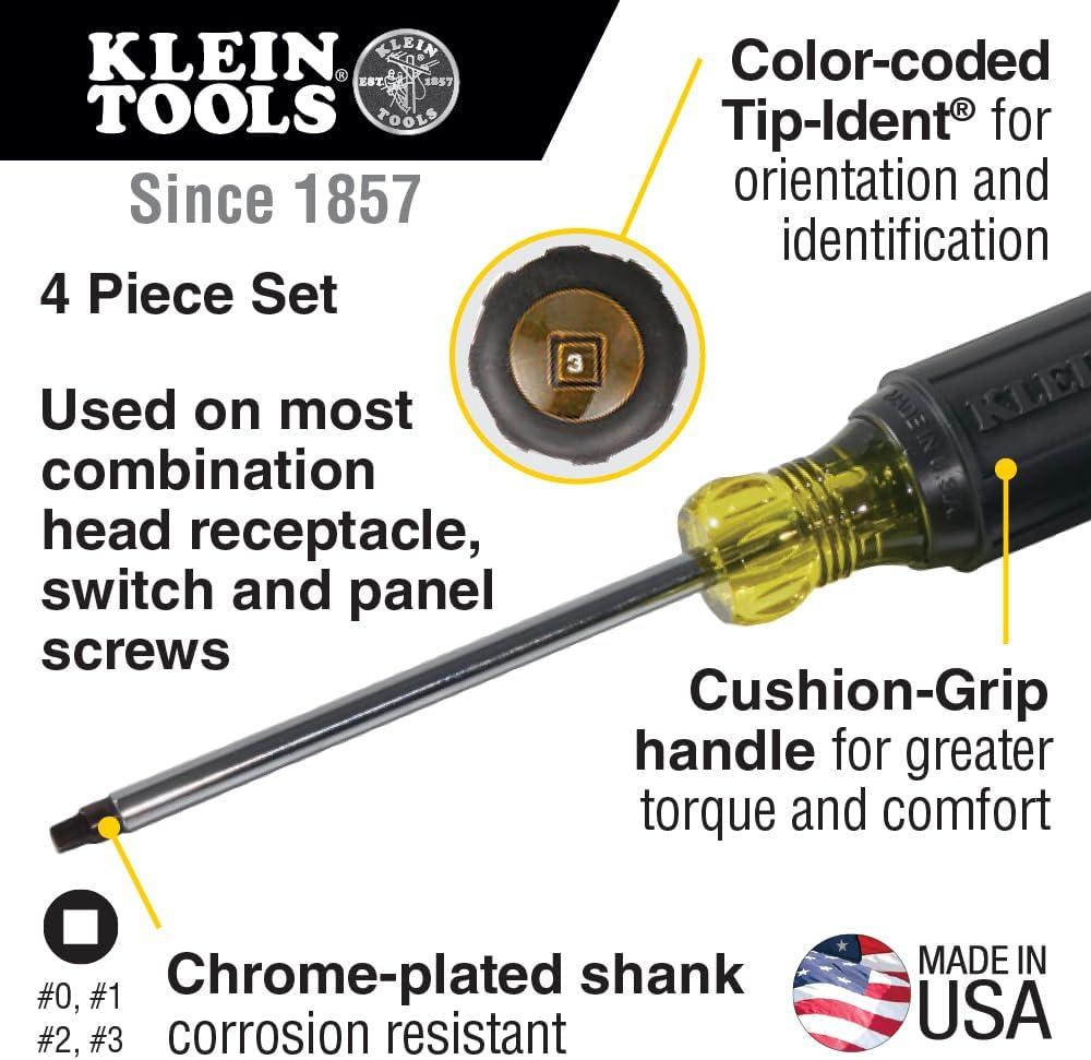 imageKlein Tools 85664 Screwdriver Set Made in USA Square Recess with Color Coded Handles and Heat Treated Chrome Plated Shafts 4Piece