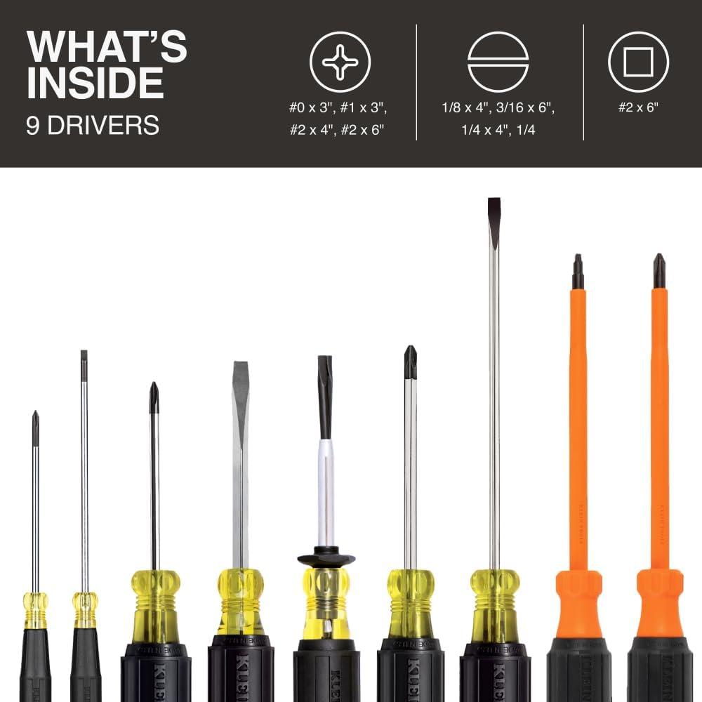 imageKlein Tools 85850 9Piece Electrician Tool Set with 3 Phillips 3 Slotted Drivers 1 ScrewHolding Driver 2 Insulated Drivers  Phillips and Square CushionGrip Handle9Piece