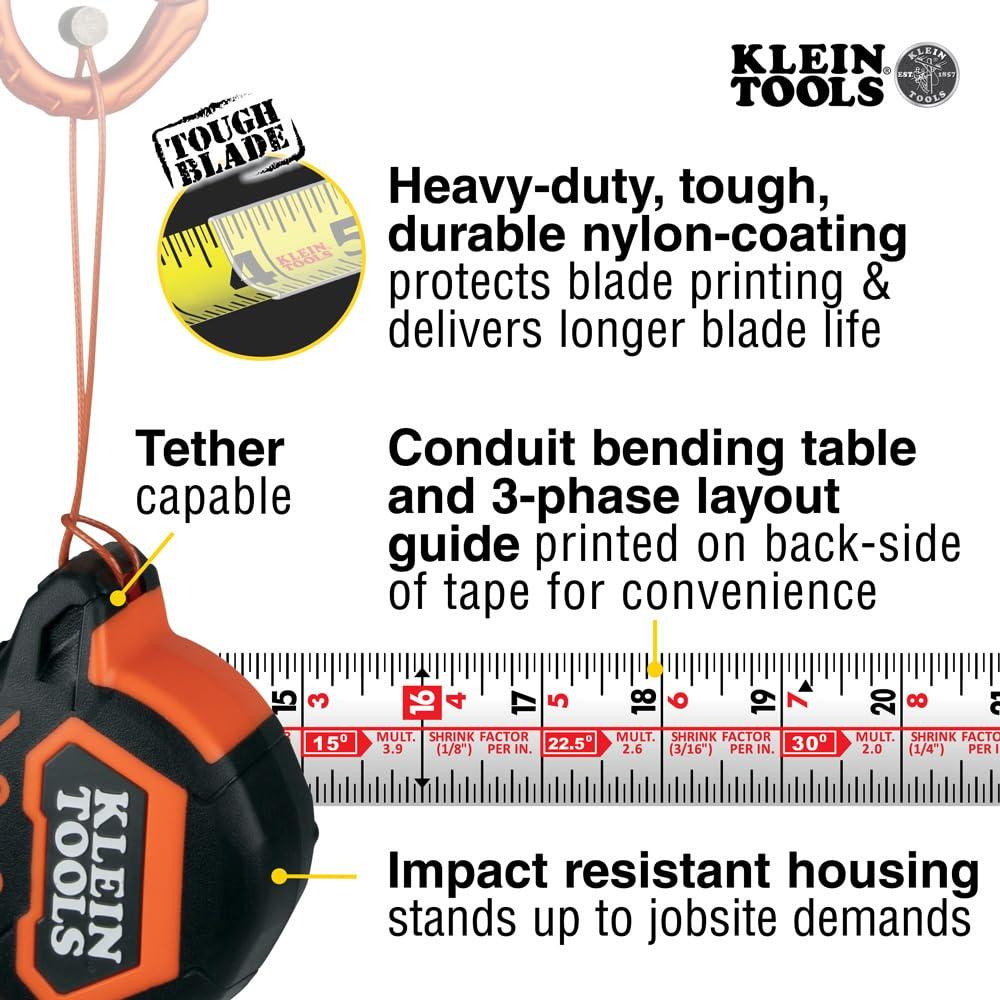 imageKlein Tools 9225 Tape Measure HeavyDuty Measuring Tape with 25Foot DoubleHook DoubleSided Nylon Reinforced Blade with Metal Belt Clip16Foot
