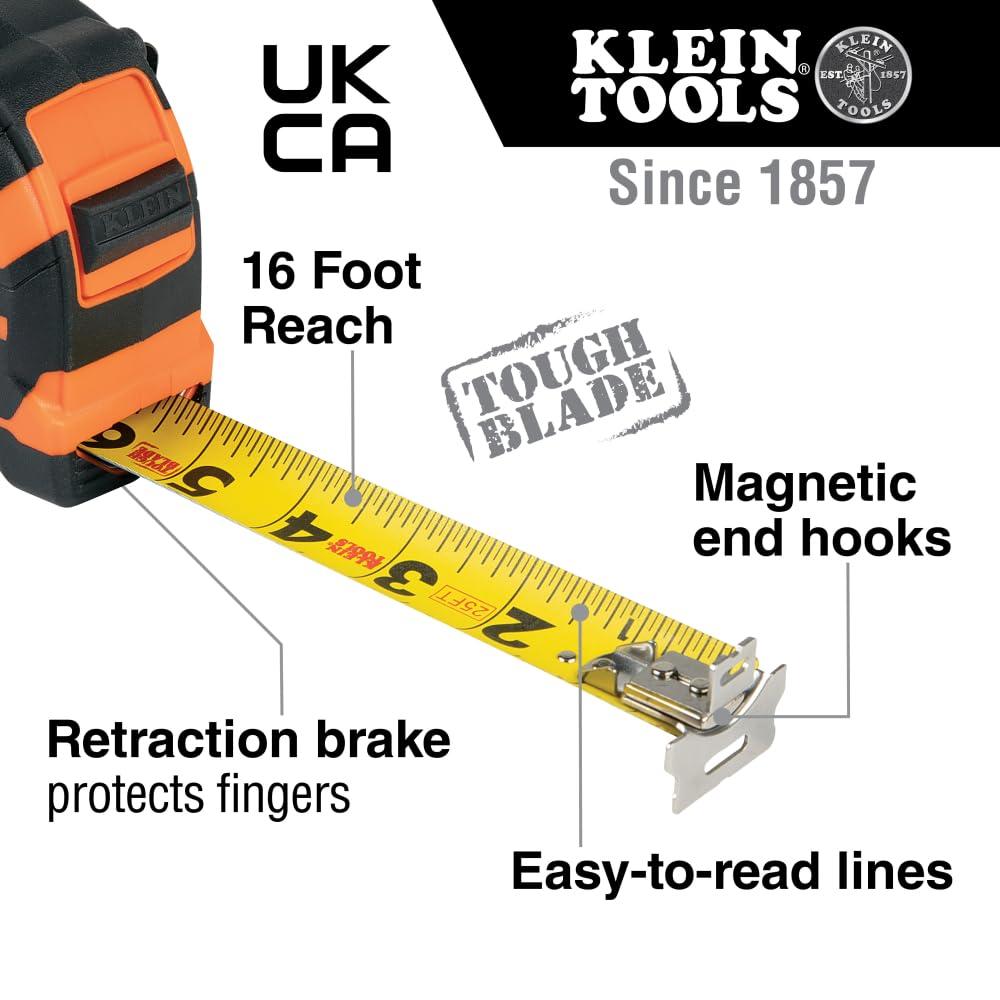 imageKlein Tools 9225 Tape Measure HeavyDuty Measuring Tape with 25Foot DoubleHook DoubleSided Nylon Reinforced Blade with Metal Belt Clip16Foot