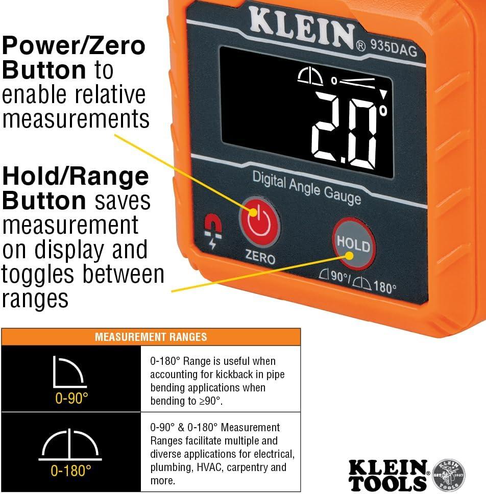 imageKlein Tools 935DAG Digital Electronic Level and Angle Gauge Measures 0  90 and 0  180 Degree Ranges Measures and Sets AnglesKit