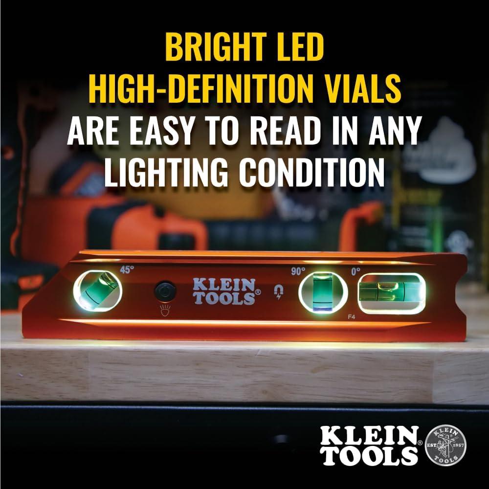 imageKlein Tools 935RB Torpedo Level 8Inch Billet Magnetic Level 0304590 Degree Vials VGroove Tapered Nose HighVisibility Vial and BodyLighted