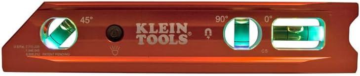 imageKlein Tools 935RB Torpedo Level 8Inch Billet Magnetic Level 0304590 Degree Vials VGroove Tapered Nose HighVisibility Vial and BodyLighted