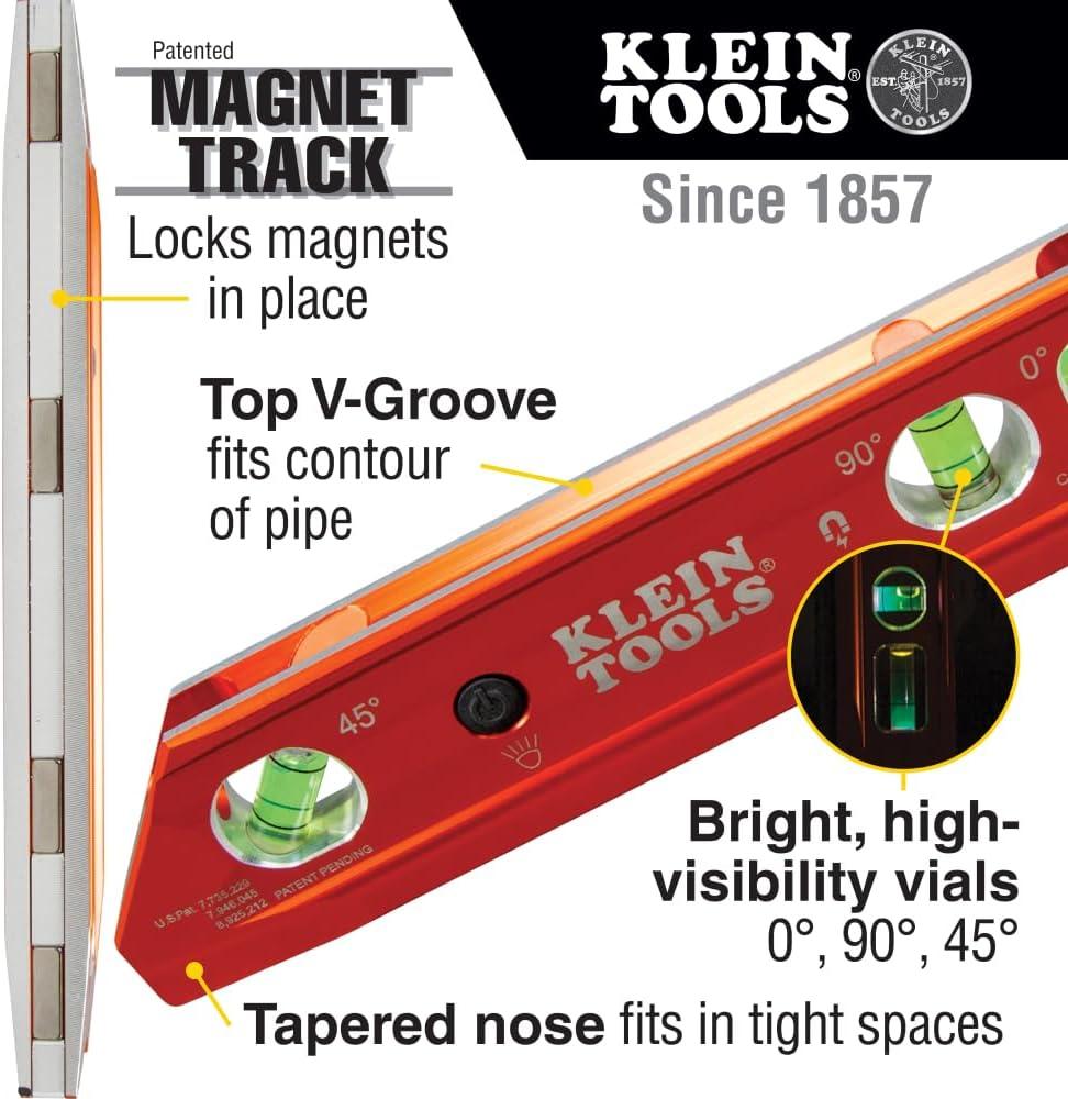 imageKlein Tools 935RB Torpedo Level 8Inch Billet Magnetic Level 0304590 Degree Vials VGroove Tapered Nose HighVisibility Vial and BodyLighted
