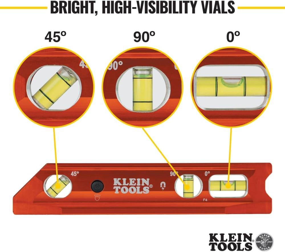 imageKlein Tools 935RB Torpedo Level 8Inch Billet Magnetic Level 0304590 Degree Vials VGroove Tapered Nose HighVisibility Vial and BodyLighted