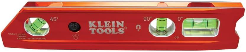 imageKlein Tools 935RB Torpedo Level 8Inch Billet Magnetic Level 0304590 Degree Vials VGroove Tapered Nose HighVisibility Vial and BodyLighted