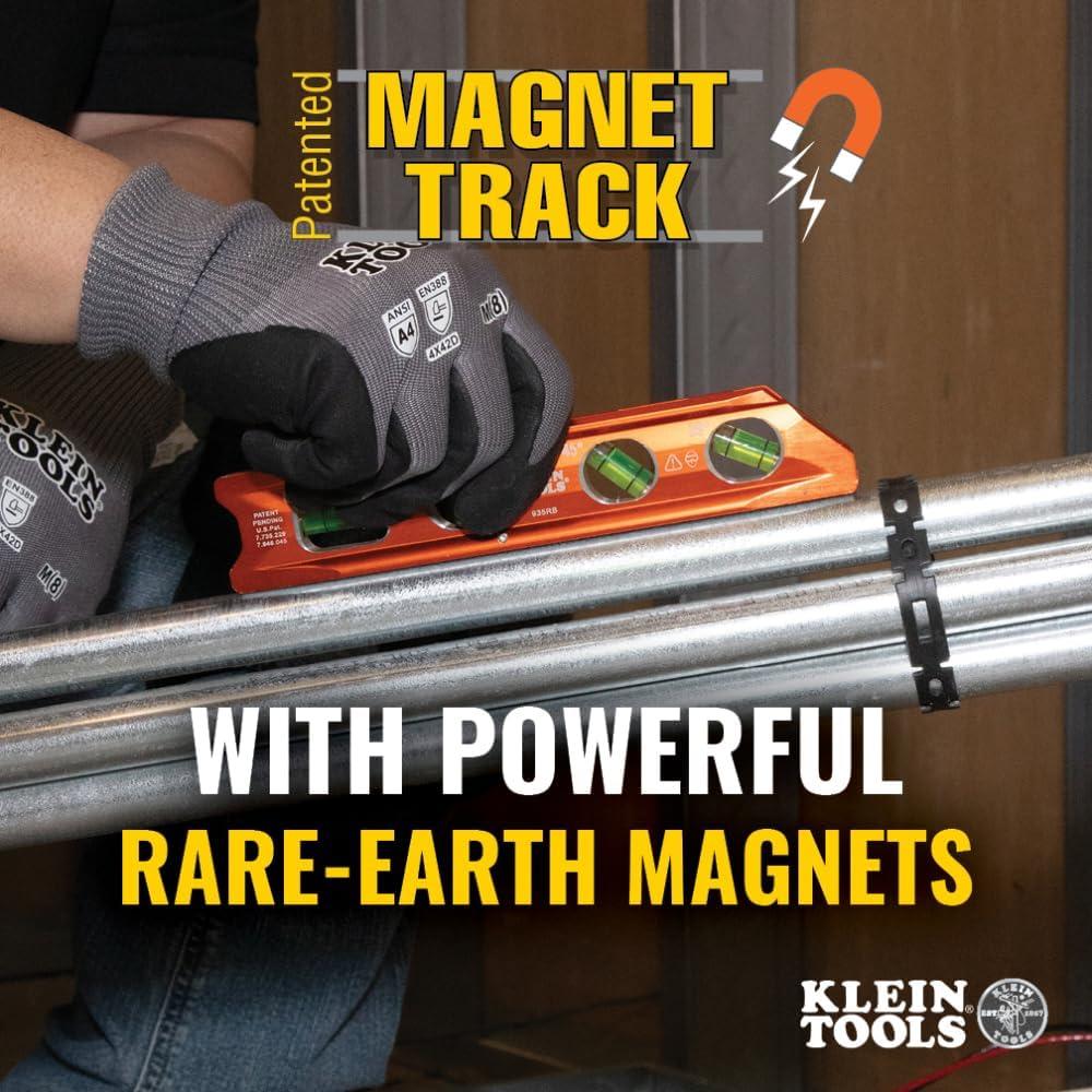 imageKlein Tools 935RB Torpedo Level 8Inch Billet Magnetic Level 0304590 Degree Vials VGroove Tapered Nose HighVisibility Vial and BodyStandard