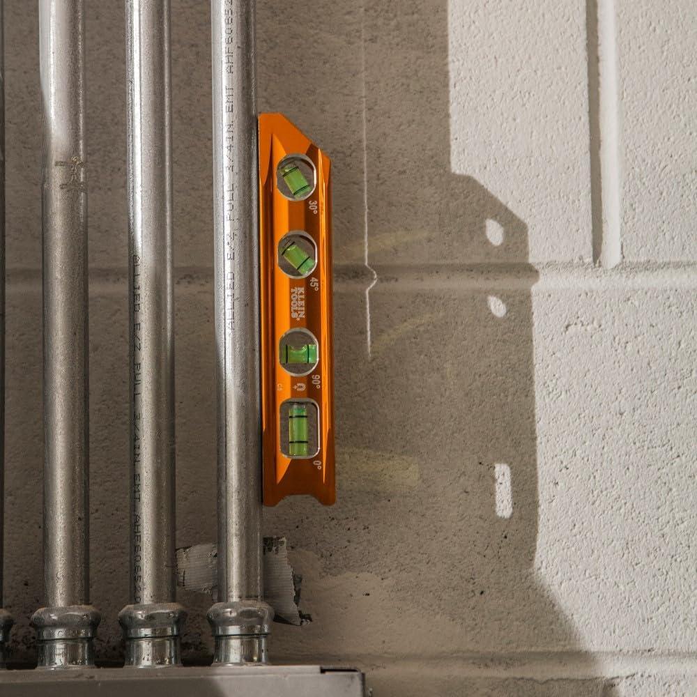 imageKlein Tools 935RB Torpedo Level 8Inch Billet Magnetic Level 0304590 Degree Vials VGroove Tapered Nose HighVisibility Vial and BodyStandard