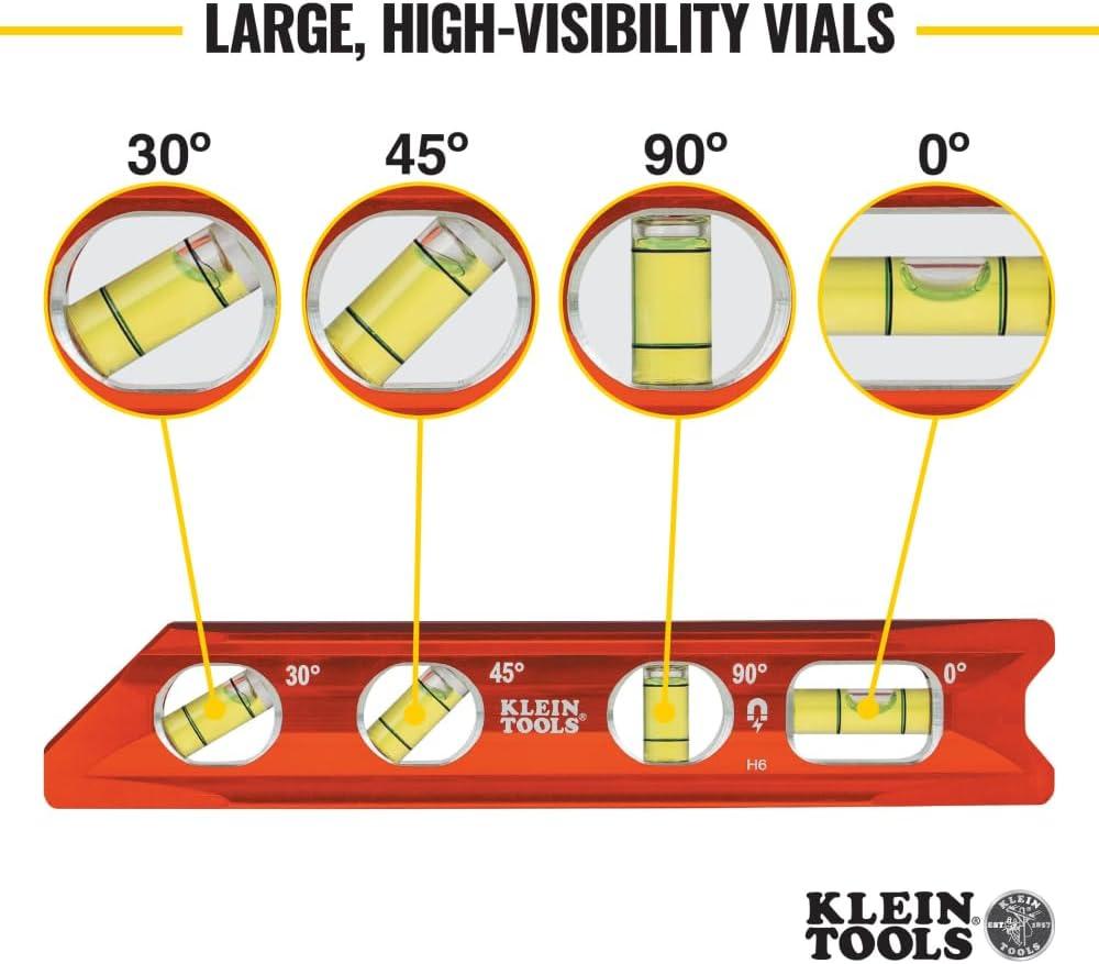 imageKlein Tools 935RB Torpedo Level 8Inch Billet Magnetic Level 0304590 Degree Vials VGroove Tapered Nose HighVisibility Vial and BodyStandard