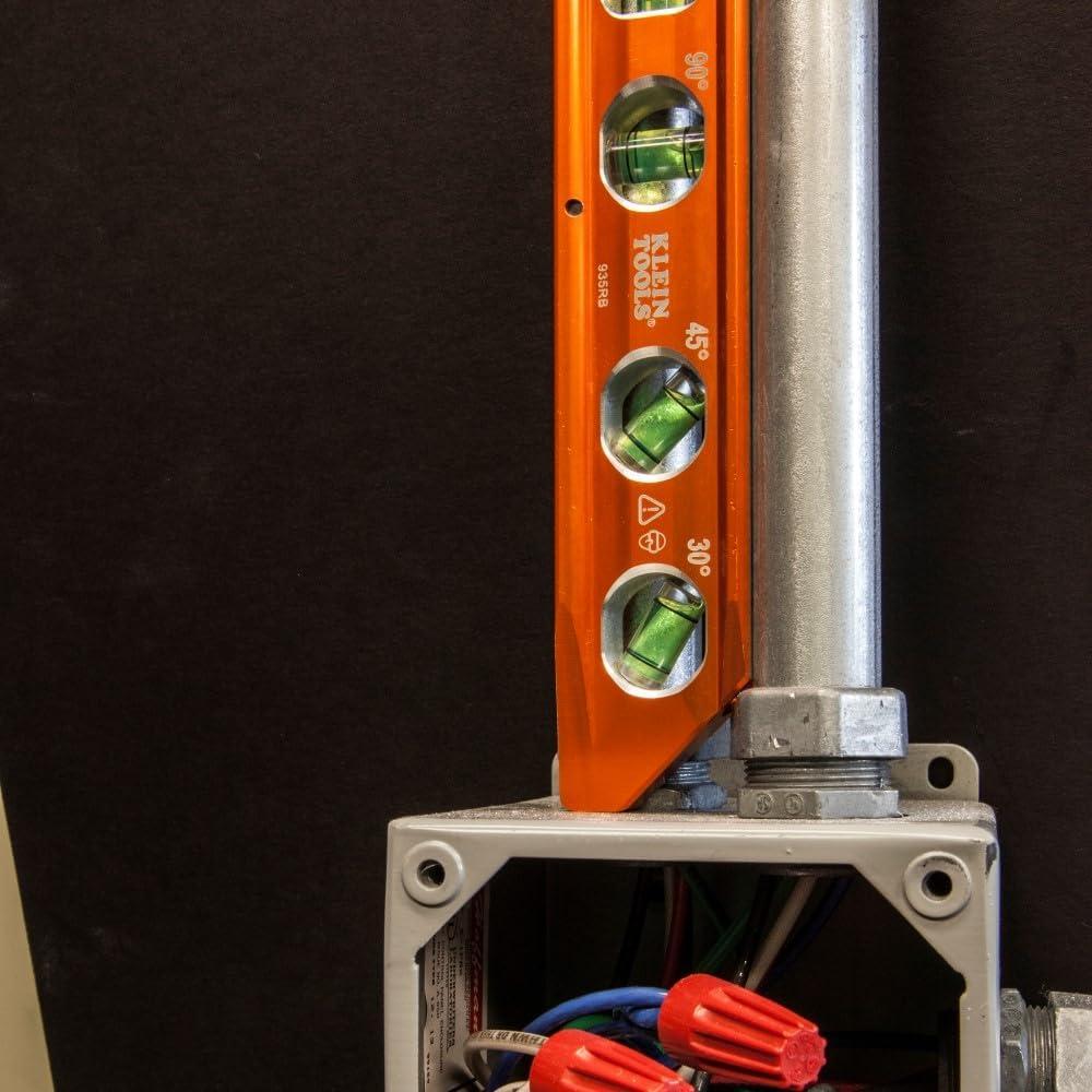 imageKlein Tools 935RB Torpedo Level 8Inch Billet Magnetic Level 0304590 Degree Vials VGroove Tapered Nose HighVisibility Vial and BodyStandard