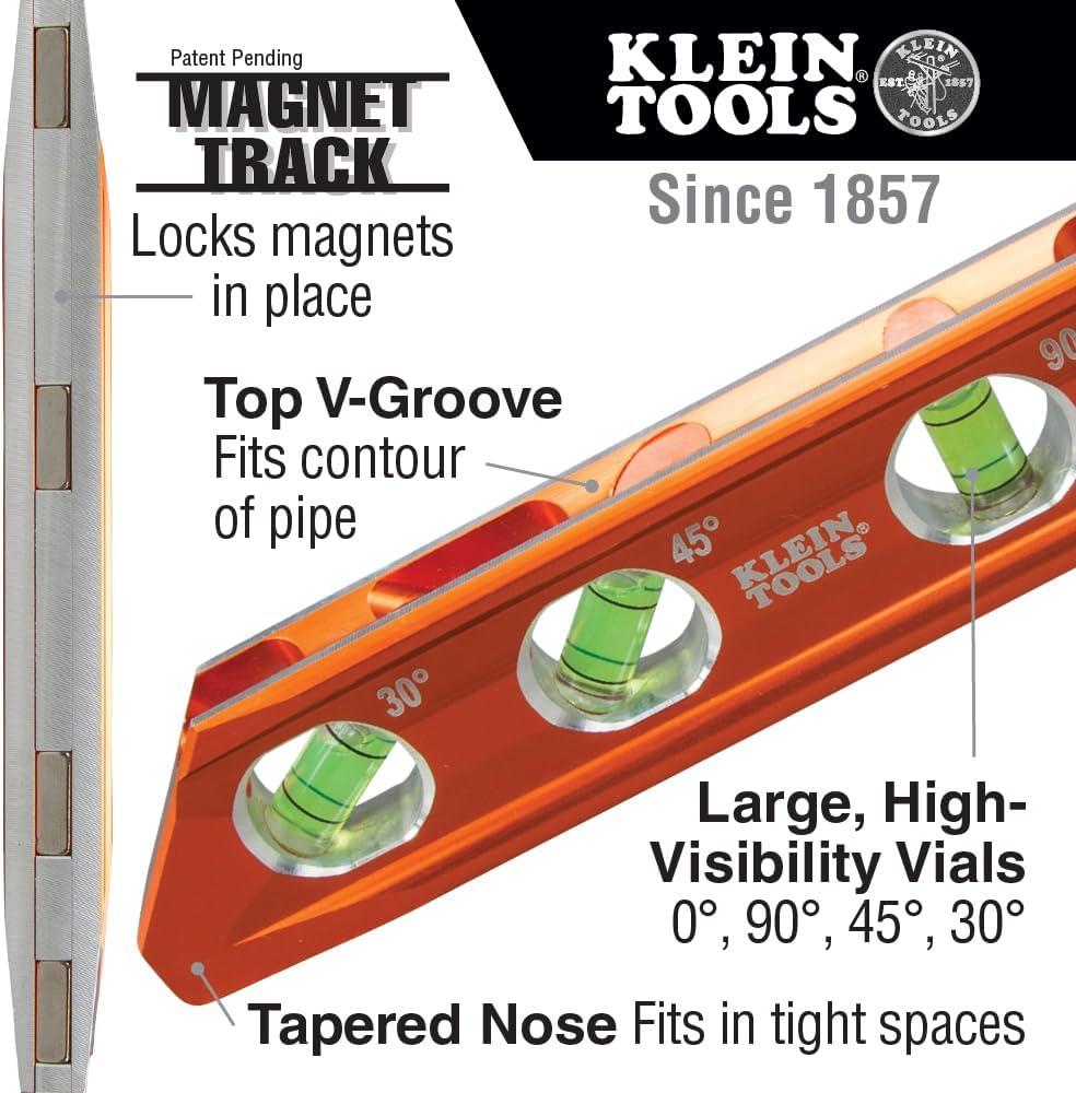 imageKlein Tools 935RB Torpedo Level 8Inch Billet Magnetic Level 0304590 Degree Vials VGroove Tapered Nose HighVisibility Vial and BodyStandard