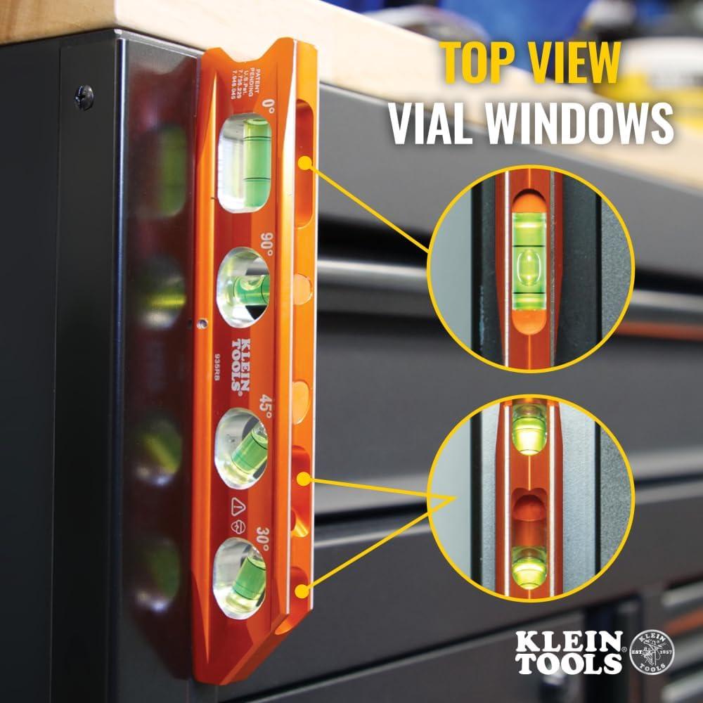 imageKlein Tools 935RB Torpedo Level 8Inch Billet Magnetic Level 0304590 Degree Vials VGroove Tapered Nose HighVisibility Vial and BodyStandard