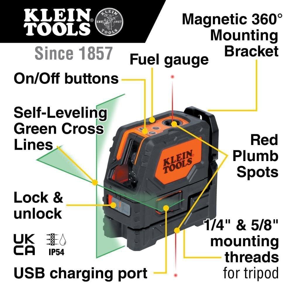 imageKlein Tools 93LCLGR SelfLeveling Laser Level Rechargeable with Bright Green CrossLines and Red Plumb Spot Magnetic and Ceiling Clamp MountingRechargeable Laser Level