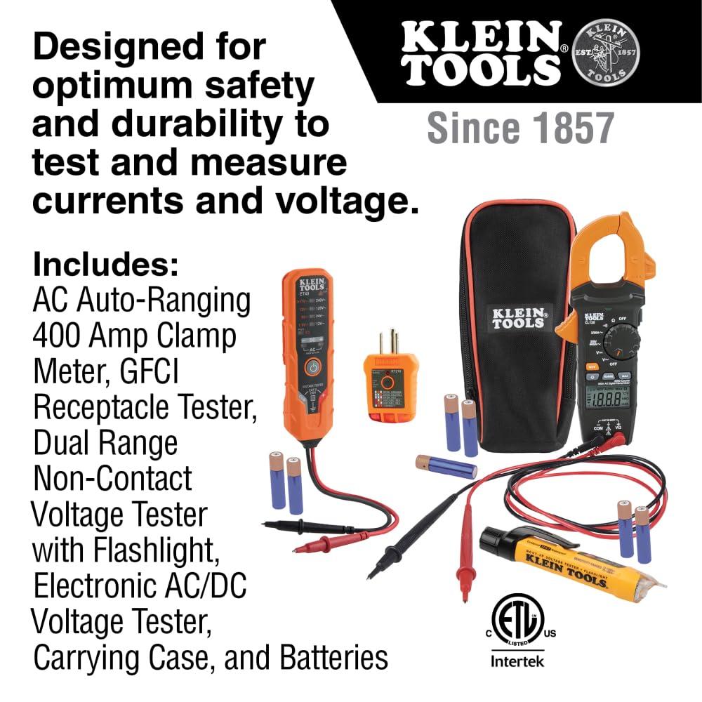 imageKlein Tools CL120VP Electrical Voltage Test Kit with Clamp Meter Three Testers Test Leads Pouch and BatteriesKit