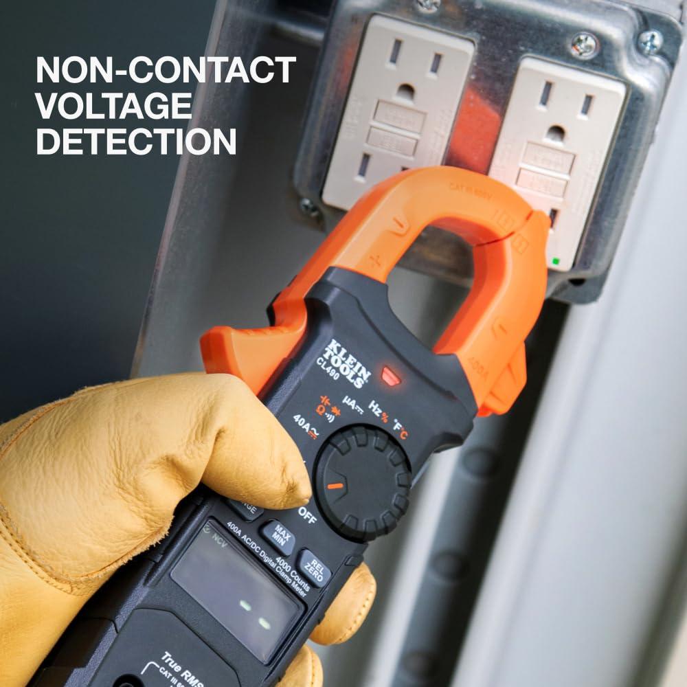 imageKlein Tools CL390 ACDC Digital Clamp Meter AutoRanging 400 Amp NCVT Tester HiViz LCD Display TRMS Continuity Resistance Temperature and MoreDual Display